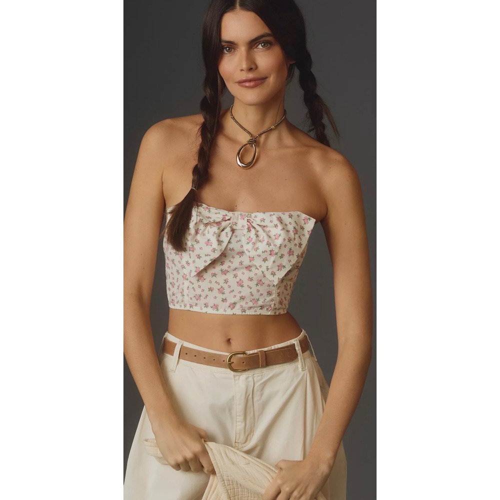 Anthropologie Floral Bow Strapless Tube Top Creme Pink Large NEW